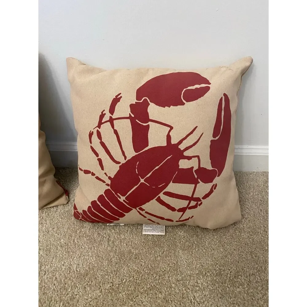 Set of 3 Hampton Bay Coastal Lobster & Stripe Throw Pillows Nautical Beach Decor